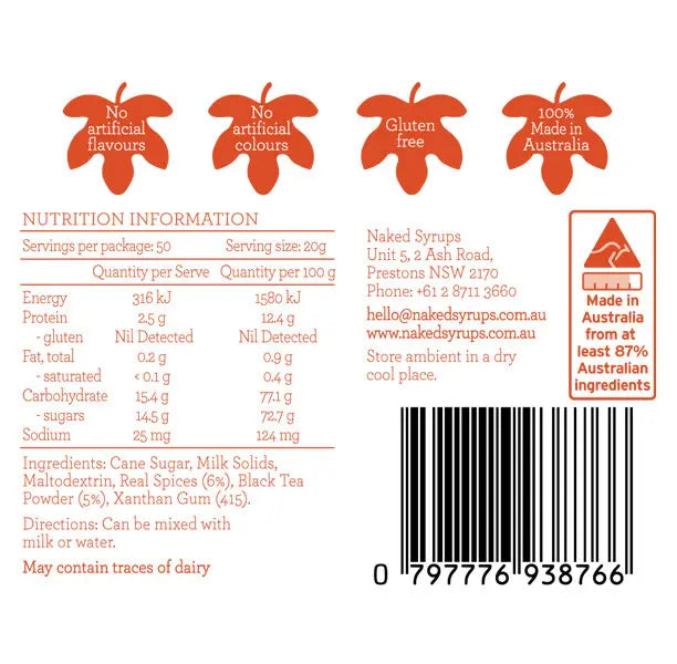 Naked Syrups Spiced Chai Latte Powder - Perfect for making authentic chai lattes, this powder combines aromatic spices and smooth texture, brought to you by Providore & Co