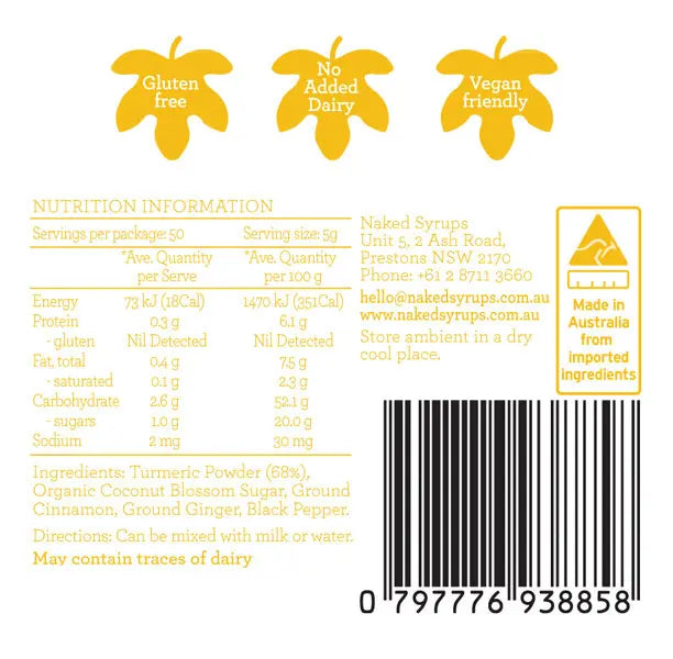 Providore & Co's Naked Syrups Turmeric Powder - A flavorful mix of turmeric, ground spices, and coconut blossom sugar for versatile hot or cold use