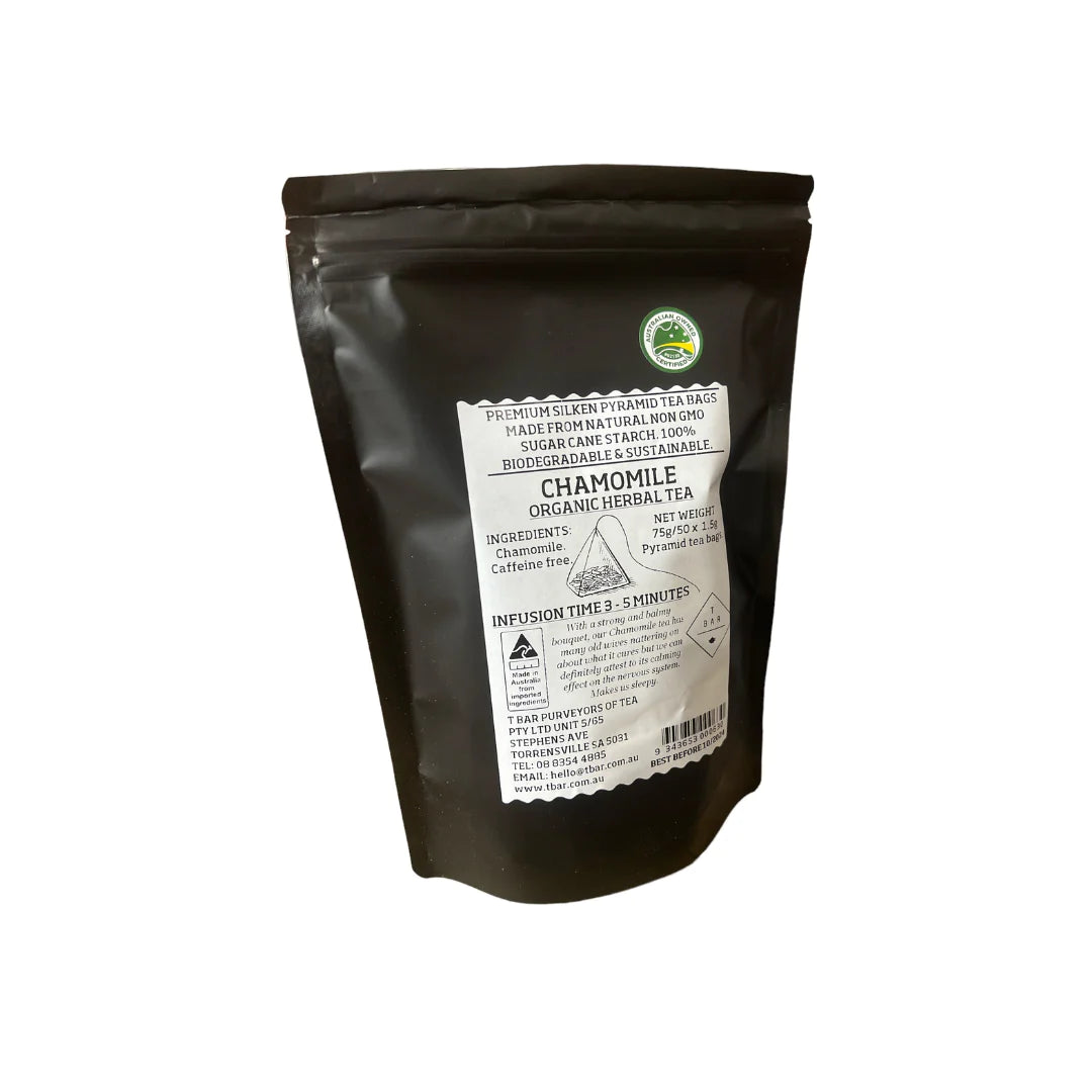 Chamomile Pyramid Tea - Premium silken pyramid tea bags filled with organic chamomile, providing a soothing and calming herbal infusion for relaxation
