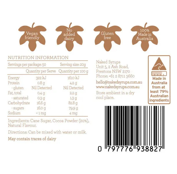 Naked Syrups Light Chocolate Powder by Providore & Co - A delightful blend of high-quality cocoa and sweetness, ideal for creating rich hot chocolate, enhancing cappuccinos, or adding to baked goods